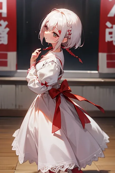 Short white hair, blush, Training camp、Punk Fashion、Headbang 2.、White and red clothes、Braiding、2 hair clips、Lace dress、(dance hall)、