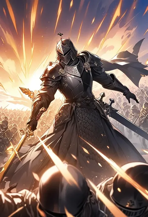 Animagine XL, anime, genshin, detailed illustration, dynamic angle, ultra-detailed, illustration, beautiful illustration, elegant illustration, human, 1man, black platemail, black armor, great sword, black helmet, Army General, black flag