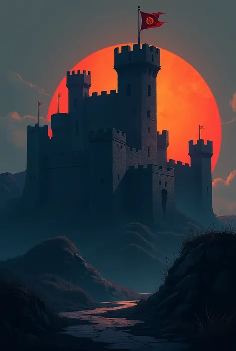 Create 2D artwork and drawing style, Make a medieval castle, he has a wall, he has a flag with the silhouette of a sun printed on it, hight contrast, two tone lighting small flag, lookout tower