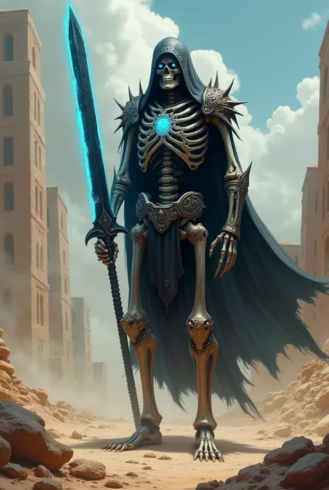 Make a skeleton warrior with a black possessed medium sword, bright blue eyes and desert appearance
