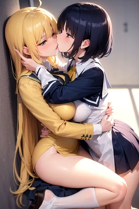 Lesbian (very long loose yellow hair)(big breasts, big thighs)(with school uniform clothes it is very tight) that he is kissing and touching his parts at school with his girlfriend(that they are in a very sexy and compromising position with their girlfrien...