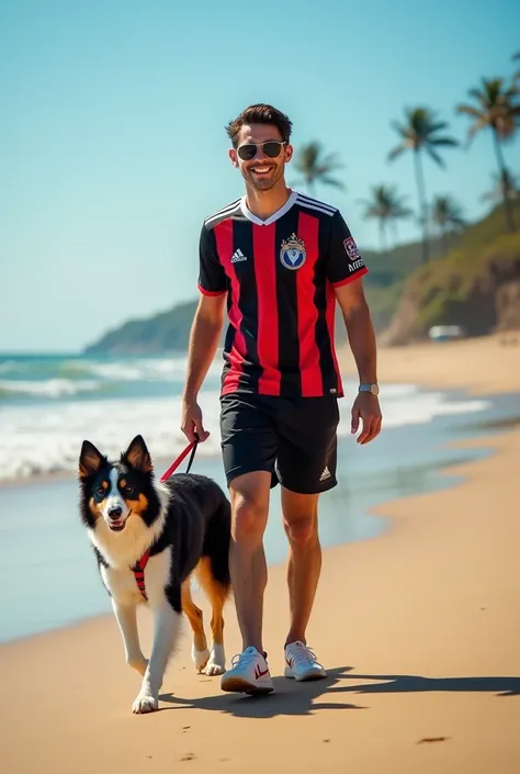 one wearing a Flamengo shirt while walking along the beach wearing headphones and with a border collie on a leash