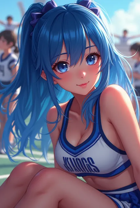 A Real sexy Young asian student cheerleader, with blue hair, high quality, photorealistic