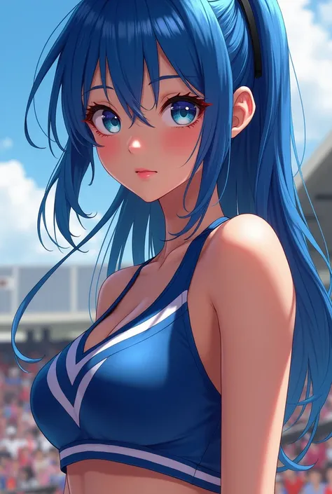 A Real sexy Young asian student cheerleader, with blue hair, high quality, photorealistic