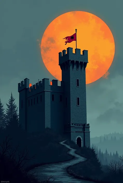 Create 2D artwork and drawing style, Make a medieval castle, he has a wall, he has a flag with the silhouette of a sun printed on it, hight contrast, two tone lighting small flag, lookout tower, natta