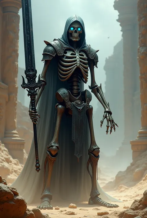 Make a skeleton warrior with a black possessed medium sword, bright blue eyes and desert appearance
