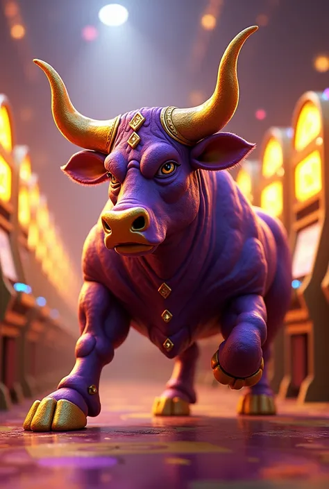 3D animation of a golden and purple colored female bull with the name on top "Red Bulls Kings", "support Matias Gazilazo", "Dana Michelle Team", "Cashier Karina" with gold letters and diamonds.
Golden slot machines in the background.