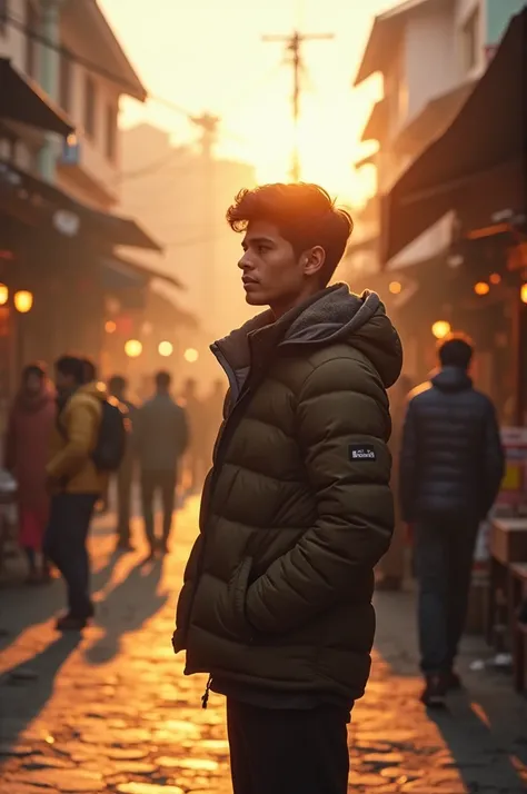 Show boy is enjoying afternoon close to sunset environment in best place sikkim , india. Boy is 20 years old wearing winter jacket. People are walking in the street market in front of boy. Show boy in spotlight like hero. Pov from behin̈d the boʻy