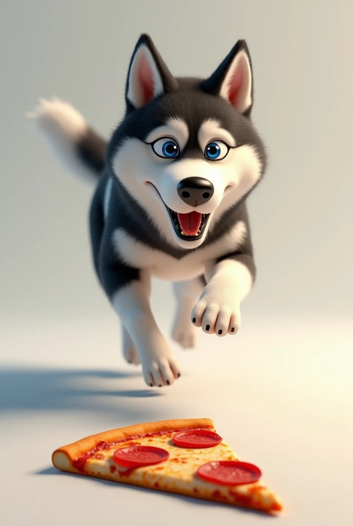 Create a running Siberian husky for a running club logo chasing a slice of pepperoni pizza , The animation is a little more realistic with a number as if he were in a race with his eyes fixed on the goal