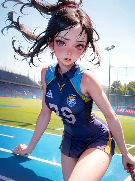 best quality, Table top,  High resolution, (photorealestic:1.4), RAW-Foto, 1 beautiful girl ,dynamic angle,Field hockey player (women),small head,big boobs,Slender waist,  nice legs,glowing skin, Sweat,On the field hockey ground,(detailed beautiful face:1....