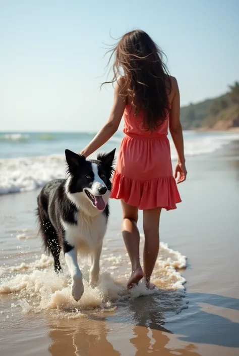 a flamengo woman on the beach with her border collie