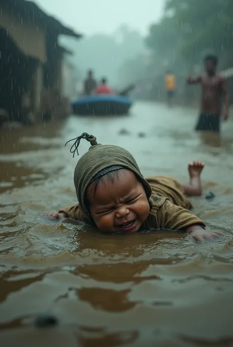 A new born child floating in the flood in Bangladesh situation.she is tired and hungry. looking very poor,miserable.a rescue board coming to saver her and it was too much raining. 