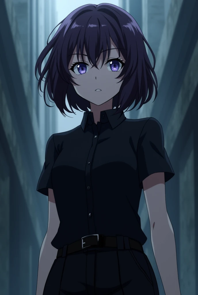 Screenshot of Kaiju no 8.
Dark purple hair girl, wavy and short with a fringe down to the eyes, He has blue eyes with purple and has a serious expression, He is wearing black pants and a black short-sleeved collared shirt.. 