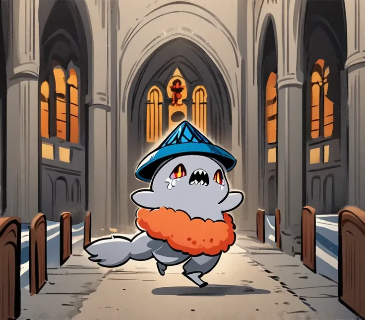 Grey Axolotl Beetle, short, charcoal grey skin, Circle tangerine-orange Eye, White slit pupils, sharp teeth, Blue Fez Hat, Orange Techwear, Blue Feather Boa, Evil Happy, running, inside Church, Style of Guillaume Renard, digital illustration