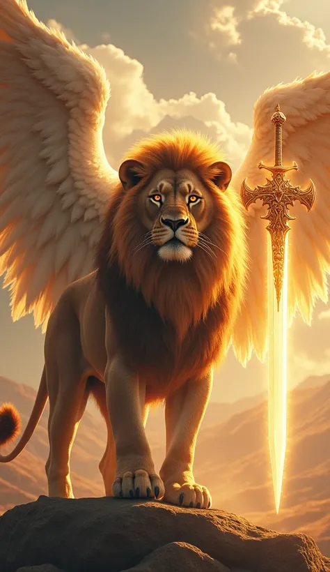 Generate an ultra realistic 8k image of a strong lion, big fit ass , handsome with red eyes , and at his side the Angel Michael with all his light and his sword drawn 