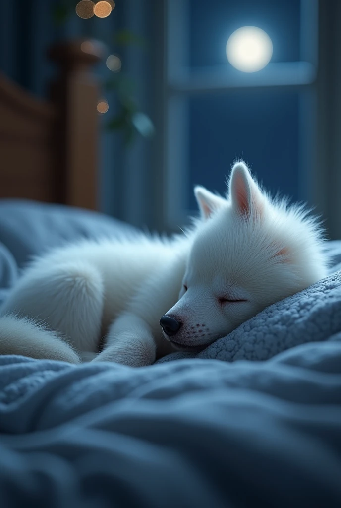 a little white wolf pup sleeping in a bed and it&#39;s night time. 