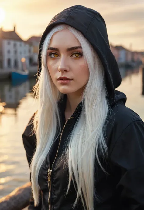 a beautiful young woman with delicate facial features, long white hair, and yellow eyes, wearing a white shirt, a black hooded j...