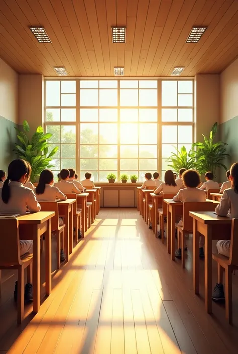 GERERATE  AN IMAGE OF A CLASS ROOM HAVING WOODEN FLOOR WITH WALL CLADDING AND CHAIRS FACE SUNLIGHT FROM THE BACK AND HACE INDOOR PLANTS