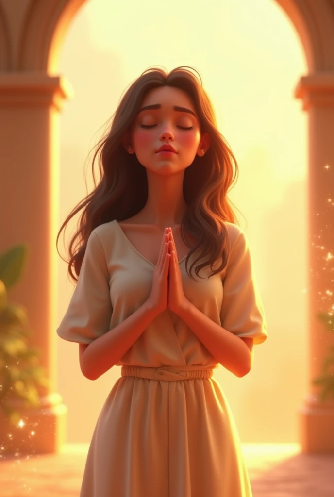 young woman praying standing animated pixar
