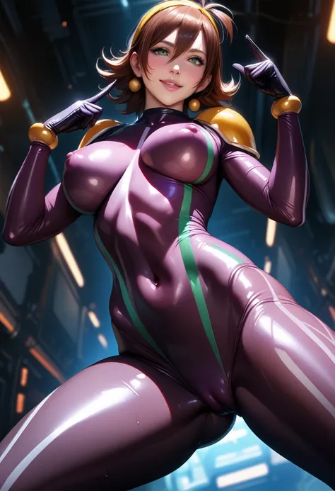 Rain Mikamura,yellow headband,perfect hands, perfect finger,perfect anatomy, masterpiece, best quality,realistic, hyperrealistic, 16k hdr,1girl, large breasts,erected nipples,brown hair, medium hair,green eyes,mobile trace suit, shoulder armor with antenna...