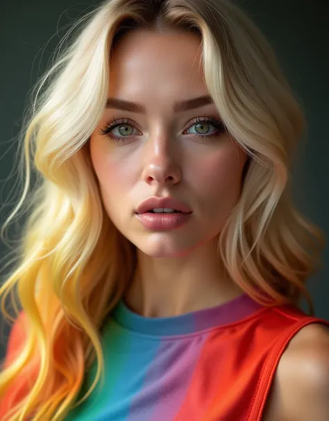 (((best qualityer))), highly detailed, high resolution. 2 female, blondie hair, clear green eyes, fleshy lips, Secy face portrait flowy rainbow hairs red eyes makeup face red lis sexy lsdy sexy rainbow outfit sexy hairstyles 