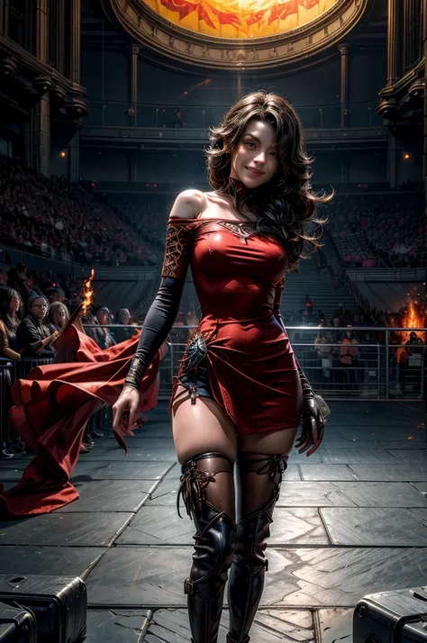 (masterpiece, best quality:1.2), cowboy shot, solo, 1girl, cinder fall, evil smile, holding flames, looking at viewer, long hair, red dress, elbow gloves, pantyhose, standing inside huge gothic sport stadium, spectators, crowd, bonfires (volumetric lightin...