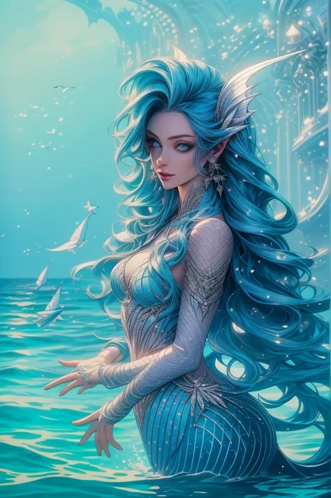 ( absurd , high quality , Ultra detailed, be careful with your hand ) A mermaid , Mermaid Tail , Dreamy , Bright, romantic, whole body . Optimistic, candid, funny and intelligent face . Reckless, cold-blooded, impatient, self-confident style . mature , dar...