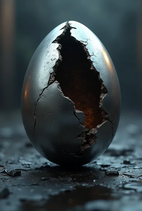 (photorealism:1.2), Metallic dragon egg, half broken, futuristic, without the dragon, profile photo style, dark and metal background,foggy, metallic reflection
