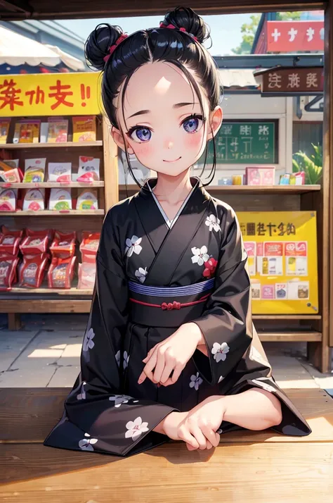 RAWphoto,photorealistic,8k16k,best quality,perfect anatomy,perfect detailed,ultra highres, extremely detailed eyes and face,
gleaming skin,shiny skin,1girl,black hair,bun_head,forehead,(8yo,Kindergarteners:1.3), wearing  a yukata,front of candy shop,smile