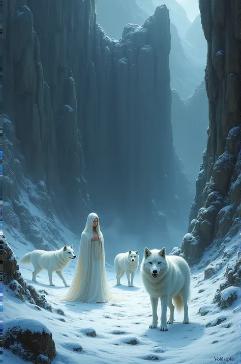 A snowy place with a dark wall that has dragons in the photo , white wolves and selkies in the form of no one