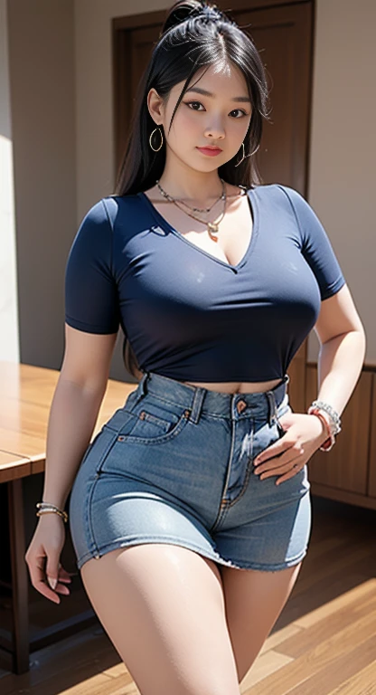 ((best quality)), ((masterpiece)), (detailed), perfect face, Araphae woman walking in a dark room wearing a dark blue shirt and a blue denim skirt, Tsk tsk, She has a jiggly, fat, round belly, Fat Chan, Wear simple, tight-fitting clothes, thin waist and th...