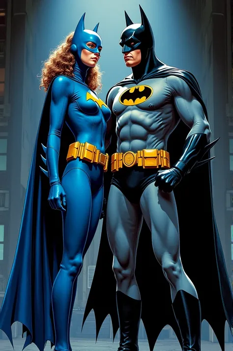 I want an illustration of Michael Keaton in the suit from the 1989 Batman film alongside Leslie Grace in the blue Batgirl suit. 