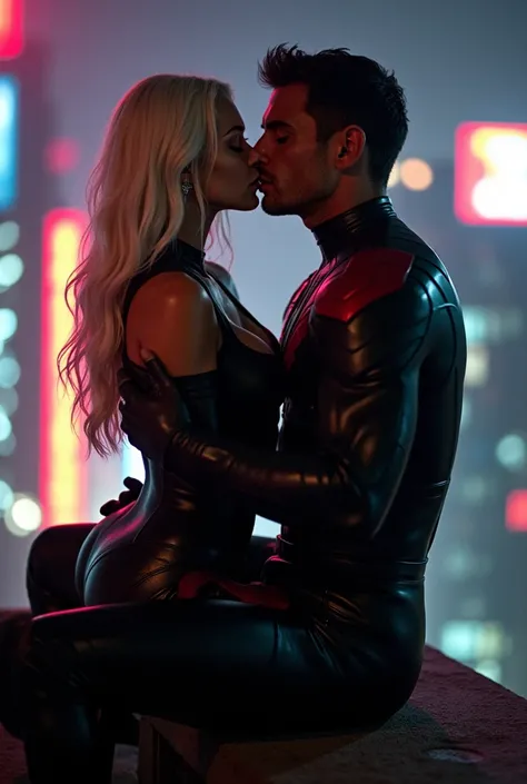 A stunning portrait of Felicia Hardy grinding her ass into a muscular Peter Parker, kissing, French kiss, passionate kiss, she is young and beautiful, her hair is white, she is wearing a black leather body suit unzipped to her belly button, cleavage, sexy,...