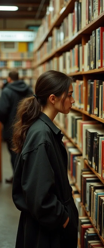 A 2 cute girl (historian:1.3), (against the bookstores history section. In a crowded bookstore, history buffs explore the shelves, while an unnoticed historian silently evaluates the texts.:1.5),Captured on Kodak Portra 400, highlighting natural skin tones...