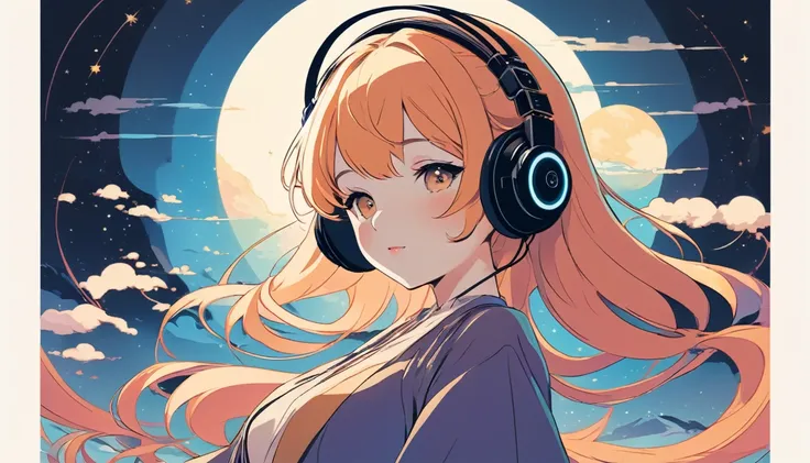 Courtesan with headphones、Wide-angle lens, Lofi Anime, Lofi illustration, Aesthetic atmosphere, Lo-Fi Style, Vector art, Flat Design, Simple shape, Warm tones, Pleasant atmosphere, Chill, In anime style, Digital drawing, Vector art, Vector logo for t-shirt...