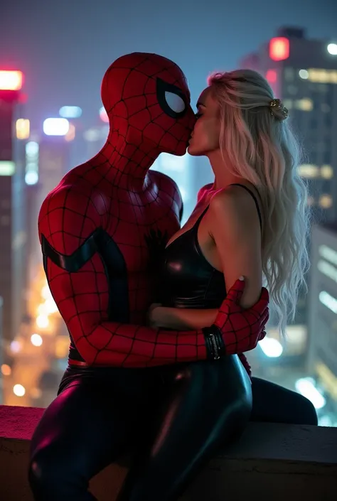 A stunning portrait of Felicia Hardy grinding her ass into a muscular Peter Parker, Spider-Man , kissing, French kiss, passionate kiss, she is young and beautiful, her hair is white, she is wearing a black leather body suit unzipped to her belly button, cl...