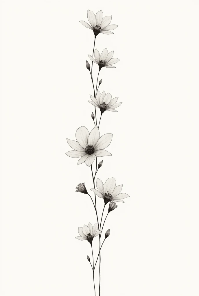 Generate a tattoo design of several minimalist style flowers on a WHITE BACKGROUND for the spine 