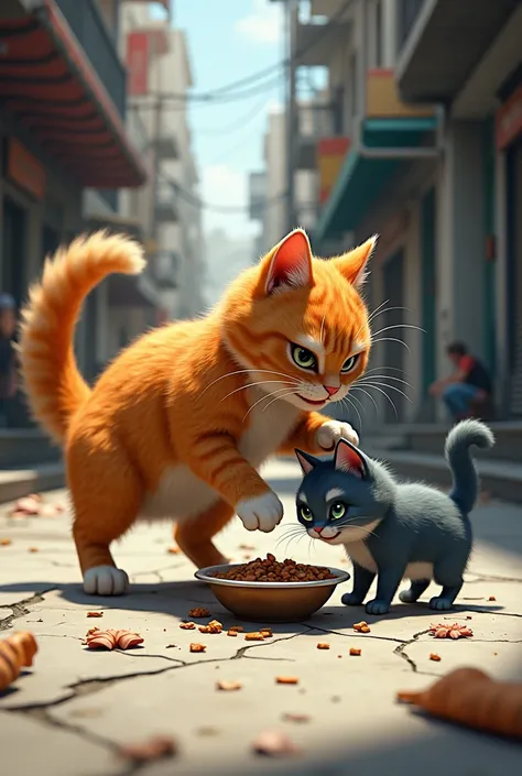 An orange cat is bullying a blue cat begging from a bowl on the street，