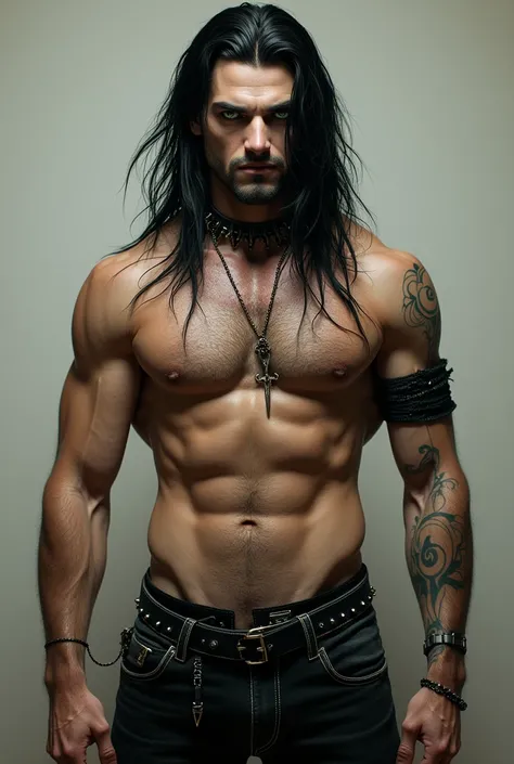 A guy with peircing green eyes, long black hair, a muscular build, snakebite peircings, and a spiked choker with his dick out