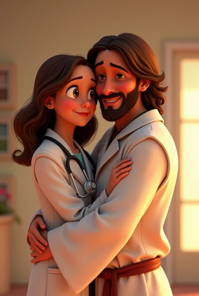 Pixar style image of Jesus hugging a  in a white lab coat and stethoscope who has wavy brown hair, brown eyes and fair skin