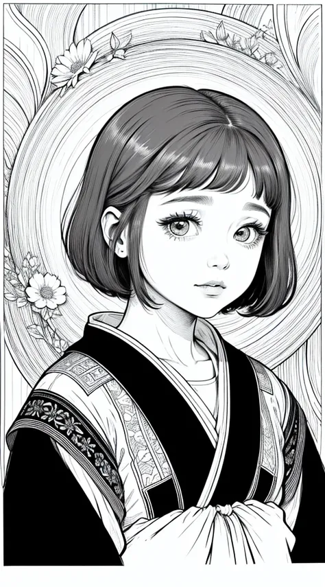 As a coloring book, white and black color, borders should be simple, clear, distinct, and thick lines, By Cartoon picture book of a beautiful Asian girl with short brown hair, A girl looking at camera, (Campo de flores), (Closeup), retrato, nuvem, arte de ...