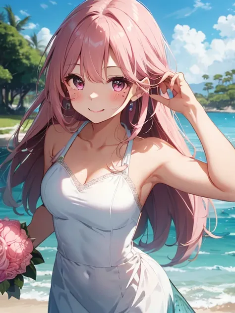 white、Ocean、droopy eyes、顔にpink eyes玉、smile、2 female、medium breasts、woman wearing one piece、long hair girl、((Girl with long pink hair))、Girl with bangs、detailed face、cute face、((best image quality))、mole、bouquet、bride、Mermaid Dress.blonde、pink eyes、heroine、...