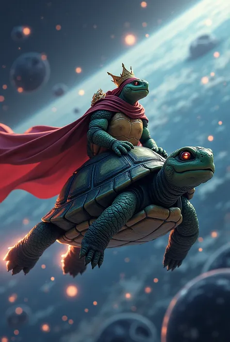 (photoanime1:2) A unknown anime space turtle warrior, with a cape and crown in space created from the big bang that is riding on a small turtle customised space craft