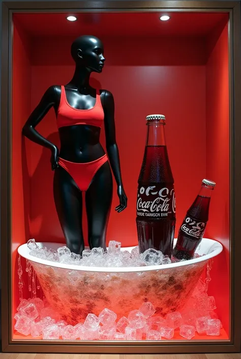 display case with a bathtub full of ice cubes with coca cola inside the ice cubes and inside the bathtub, a large coke, along with a black female mannequin wearing a red swimsuit