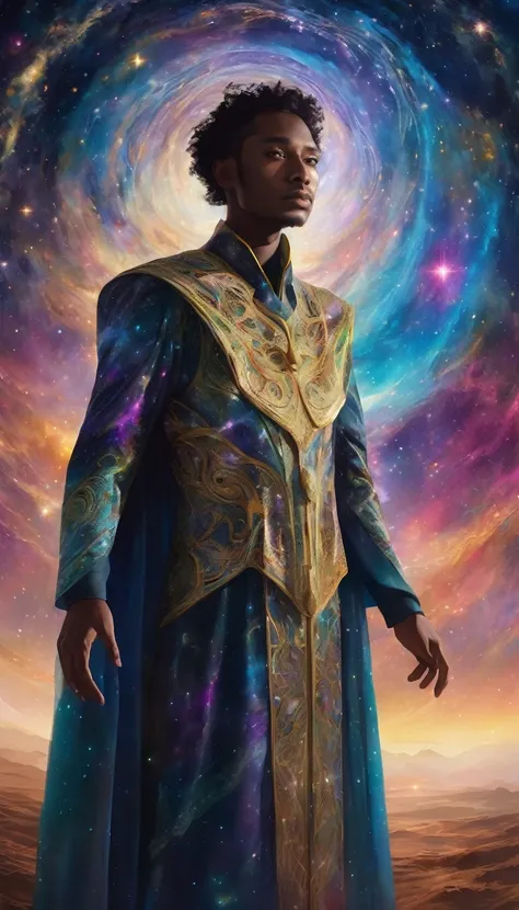 A mysteriously ephemeral celestial wanderer, perfect and expressive face, facing the viewer, whose silhouette blends perfectly with the cosmic backdrop of swirling stars and galaxies. This conceptual artwork is a digital painting that features intricate de...