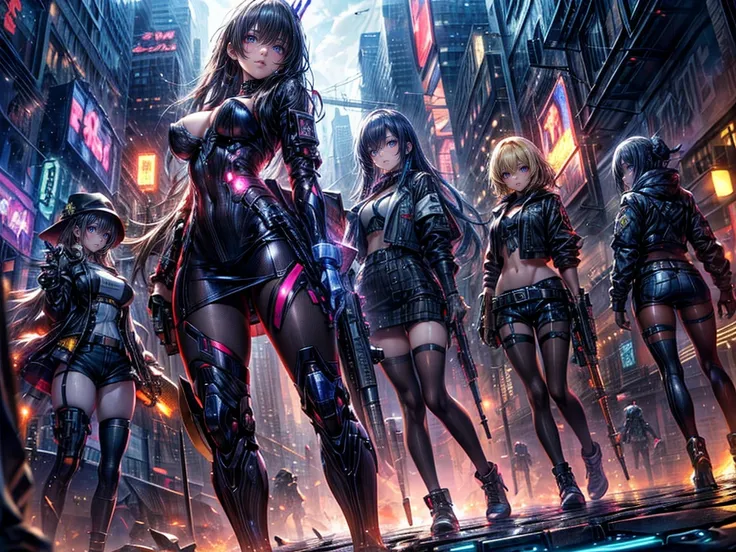 High resolution, Winner of numerous awards, Ultra high definition, Textured skin, Retina, 
masterpiece,(bestquality),highlydetailed,ultra-detailed,4girl, （Four gangster girls posing with weapons.:1.4）(gangsta paradise:1.2)（robot）(cybercitylandscape:1.2,nat...