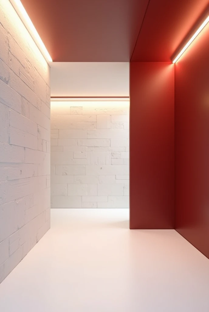 Empty room with white stone back wall and other burgundy red walls with warm LED strip light on the ceiling
