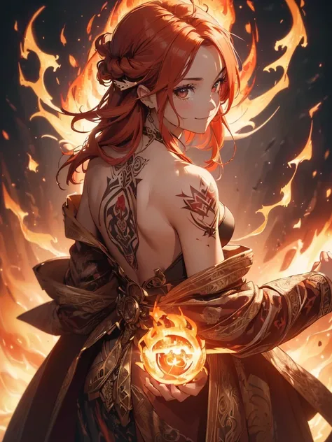 (((best quality, sharp image, clear image, cinematic lighting, 8k resolution, masterpiece, ultra detailed, intricate))) Girl, ((shot from behind)), ((close up)), look at viewer, fire mage, ((intricate background)), ((chaotic background)), red hair, smiling...