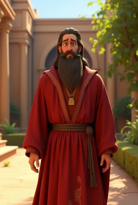 Israelite priest with red tunic and long beard animated pixar
