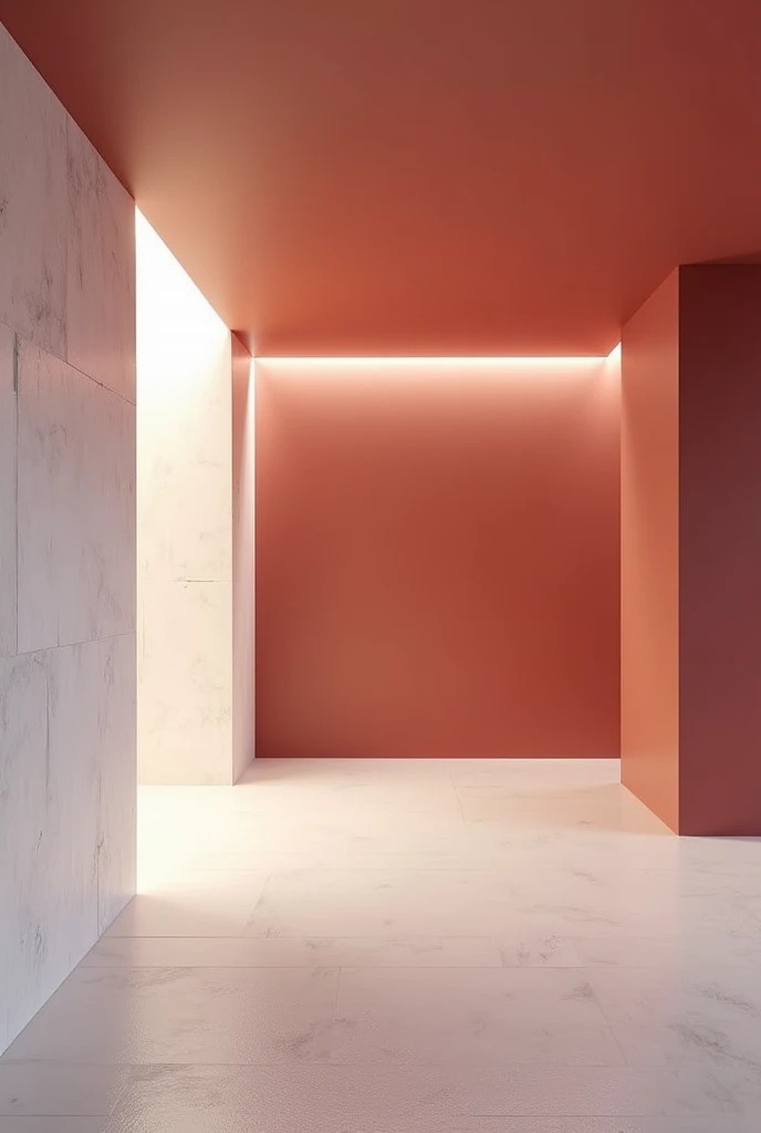 Empty room with white stone back wall and other burgundy red walls with warm LED strip light on the ceiling
